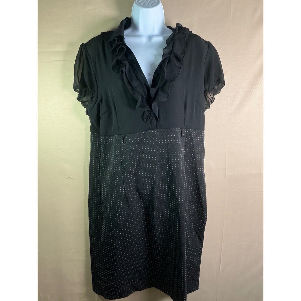 Voir Voir Black Polka Dot Ruffle V-Neck Dress Sheer Short Sleeve Size 12